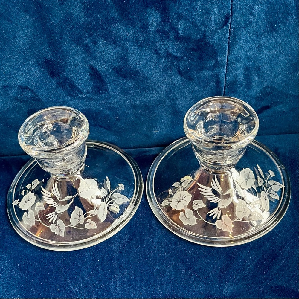 Avon lead crystal taper candle holders, etched with hummingbirds and flowers